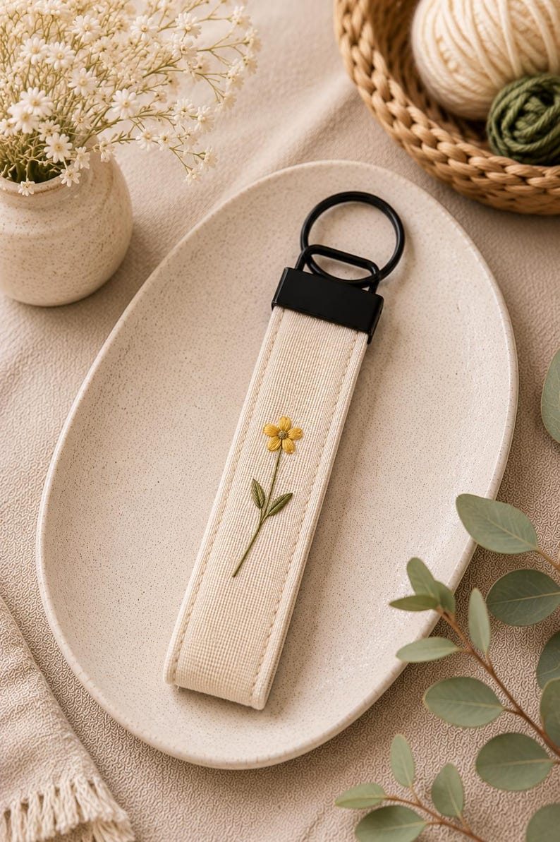 May include: Cream-colored keychain strap with a yellow embroidered flower and green stem. The strap has a black metal ring and a black rectangular piece at the top. The keychain is on a beige oval plate.
