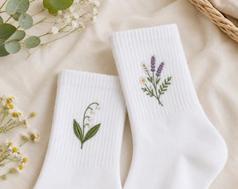 Handmade Cactus Embroidered Socks, Hand Stitched White Cotton Socks, Gift For Her