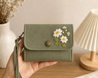 Hand Embroidered Linen Wristlet Wallet, Floral Flower And Strawberry Design, Personalized Gift