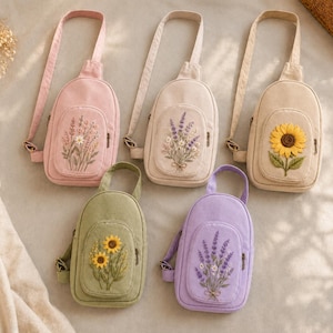Handbroderad blommig axelväska, anpassad axelväska, Cottagecore mini-ryggsäck, present till kvinnor