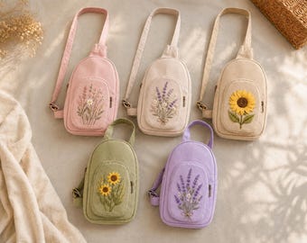 Hand Embroidered Floral Sling Bag, Custom Crossbody Bag, Cottagecore Mini Backpack, Gift for Women