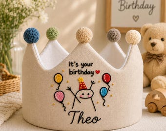 Personalized Linen Birthday Crown, Custom Name Embroidered Hat, First Birthday Accessory