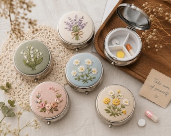 Hand Embroidered Pill Box, Floral Pill Case, Pocket Medicine Organizer, Personalized Gift for Women