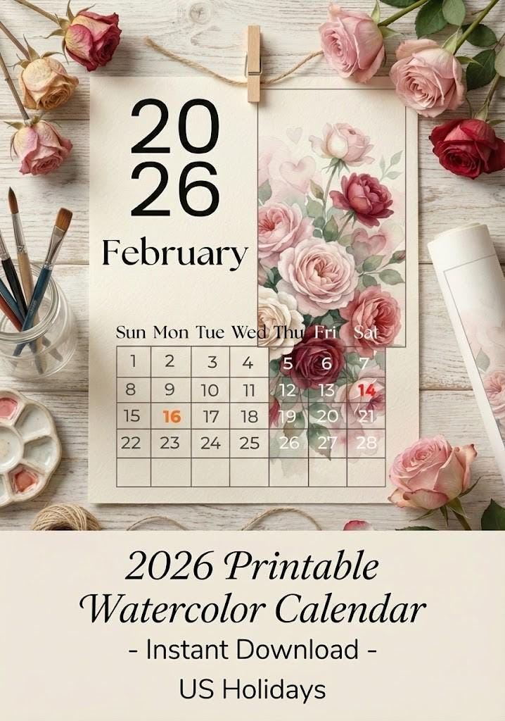 2026 Floral Printable Calendar | Watercolor Wall Calendar With US ...