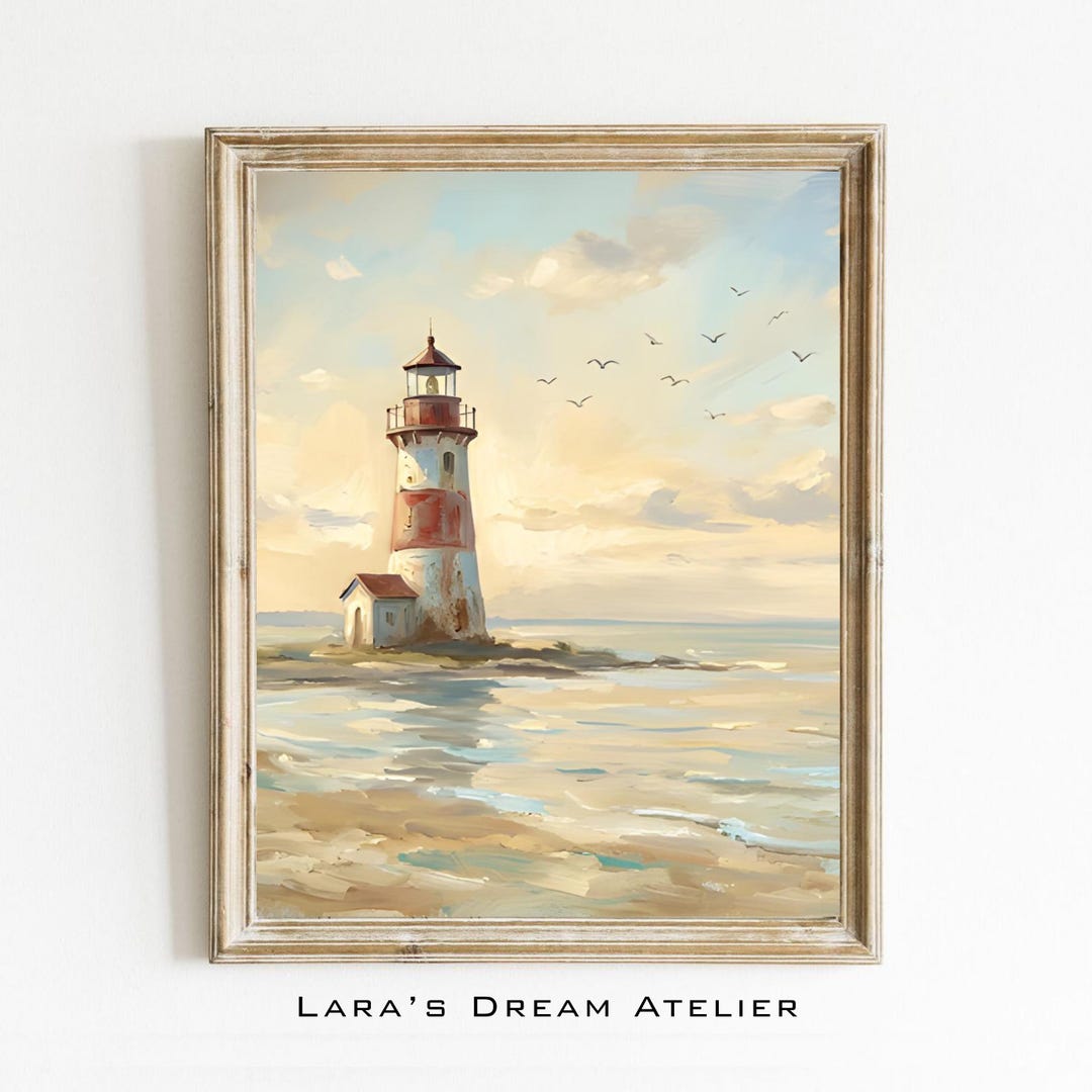 Coastal Lighthouse Wall Art Printable, Landscape Painting, Beach House ...