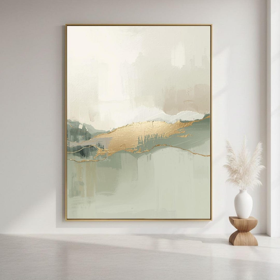 Sage Green Gold Abstract Art Print, Minimalist Landscape Painting ...