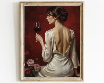 Rode wijn Art Print, elegante vrouw olieverfschilderij, vintage barwagen decor, digitale download