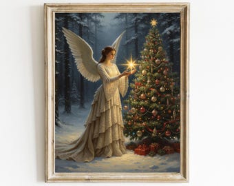 Christmas Angel Wall Art Print | Holiday Tree Painting | Digital Download | Home Decor
