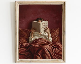 Frau lesend im Bett Wand Kunst Druck, Buch Liebhaber Öl Malerei Geschenk (Digitaler Download)