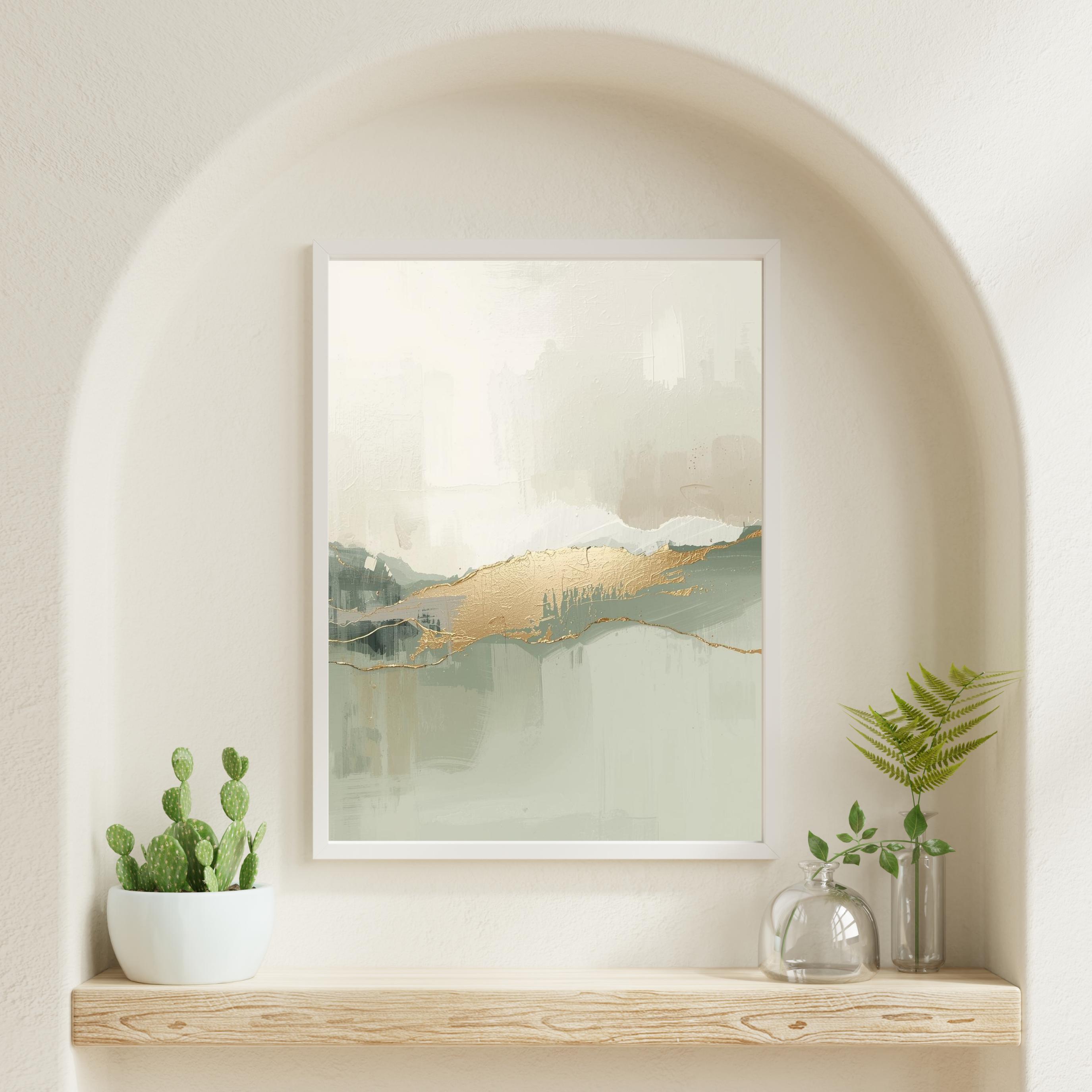 Sage Green Gold Abstract Art Print, Minimalist Landscape Painting ...