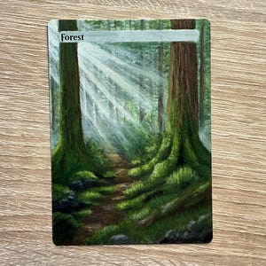 Puede incluir: Una tarjeta pintada que representa una escena de bosque con la luz del sol que atraviesa los árboles. La palabra "Forest" está impresa en la parte superior. La obra de arte representa un camino que serpentea a través de un bosque verde con árboles altos y suelo cubierto de musgo.