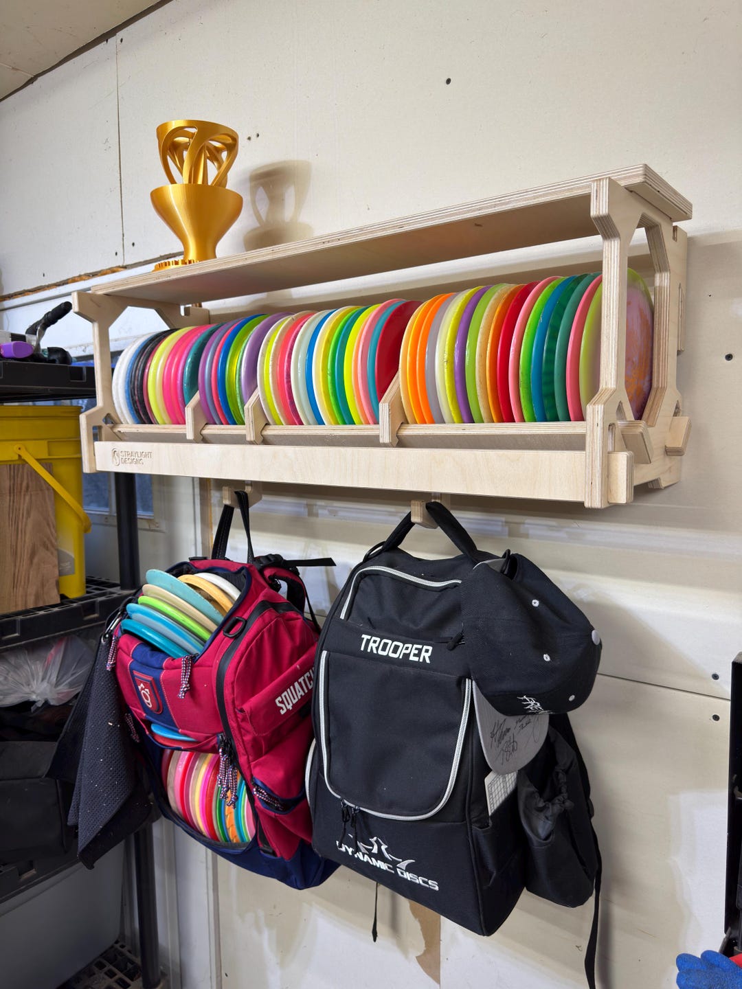 Disc Golf Wall Rack, Disc Storage Shelf with Bag Hooks - WIDE Version