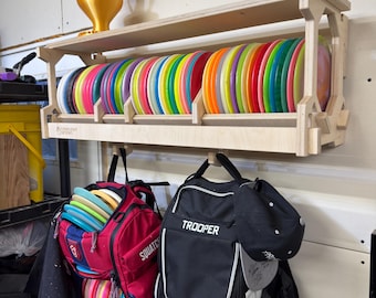 Disc Golf Wall Rack, Disc Storage Shelf with Bag Hooks - WIDE Version