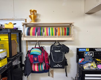 Disc Golf Wall Rack, Disc Storage Shelf with Bag Hooks - WIDE Version