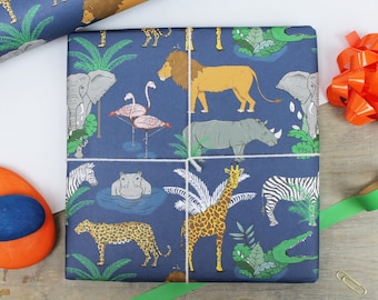 Papel de embrulho com estampa de animais da savana, certificado FSC e reciclável, ideal para diários de arte.