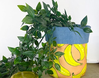 Banana Print Fabric Storage Basket: Denim Interior, Playful Organizer