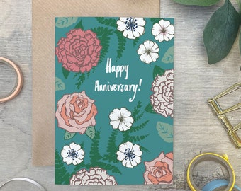 Floral Wedding Anniversary Card - Rose Anniversary Card - Botanical Anniversary Card