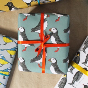 Papel de regalo de frailecillos, papel de regalo de cumpleaños costero, reciclable, papel de diario basura