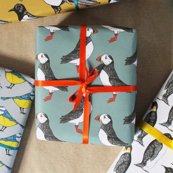 Papel de regalo de frailecillos, papel de regalo de cumpleaños costero, reciclable, papel de diario basura