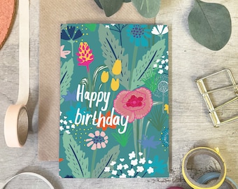Florale Geburtstagskarte: Hand illustrierte Sommerblumen