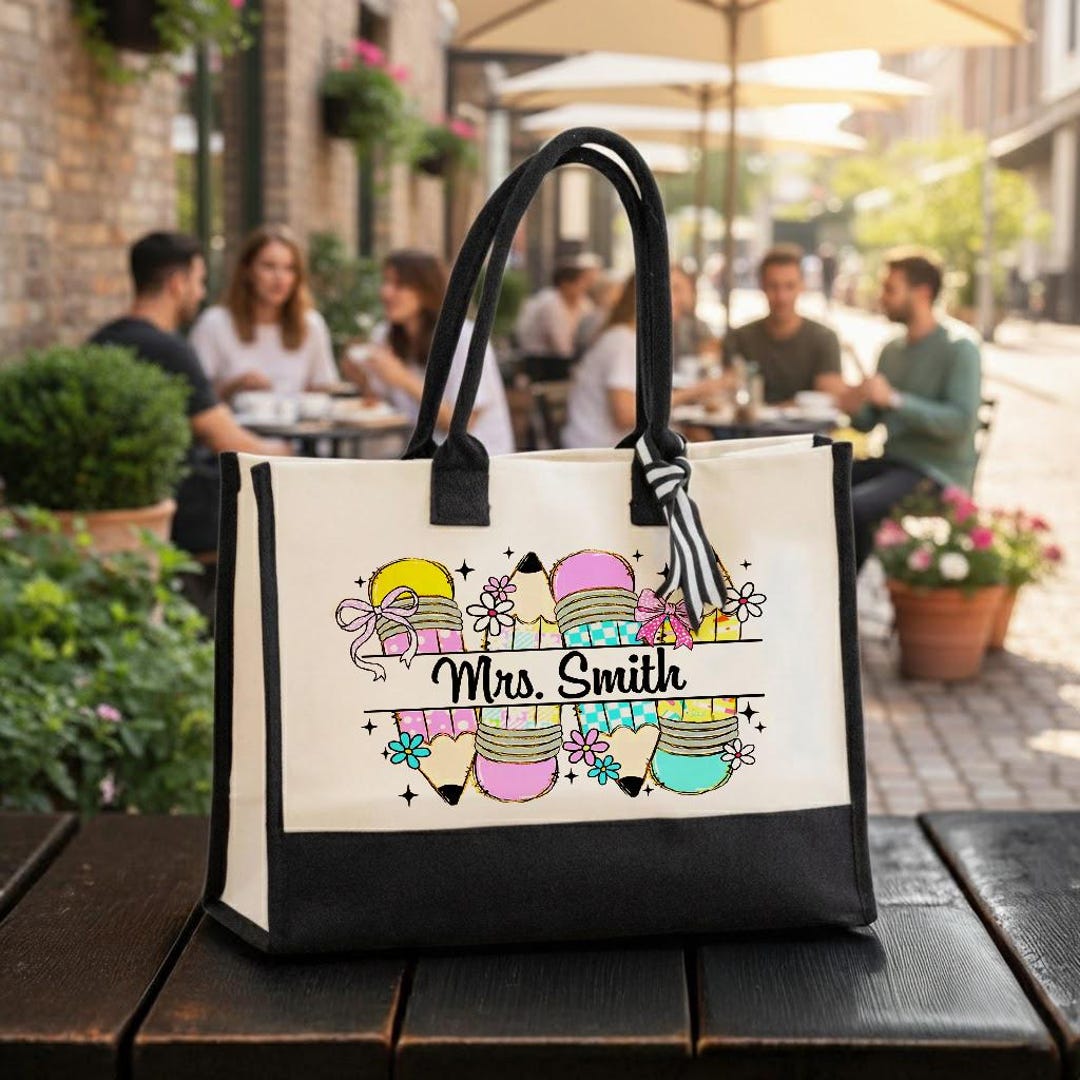 Personalized Teacher Tote Bag | Custom Name Canvas Handbag | Pencil ...