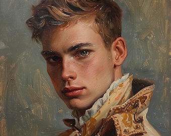 May include: Oil painting portrait of a young person with light skin, freckles, and light brown hair. The subject wears a cream-colored jacket with gold floral patterns and a ruffled collar. The background is a muted blue-gray.