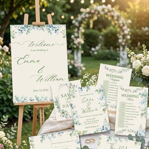 May include: Wedding stationery set with a welcome sign, invitations, RSVP cards, and a menu. The design features a floral border with blue and green accents. The sign reads "Welcome to the Wedding of Emma & William, June 14, 2026."
