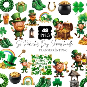 Paquete de imágenes prediseñadas del Día de San Patricio, ilustraciones irlandesas festivas, gráficos de trébol verde y dorado (PNG)