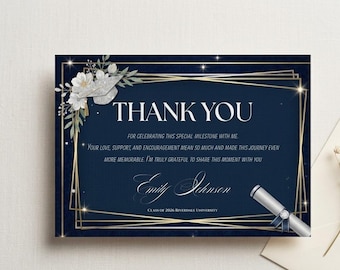Navy Blue Graduation Thank You Card Template Editable Canva, Gold Glitter Graduation Printable, Elegant Class of 2026 Thank You Card