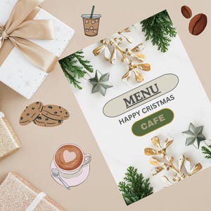 Könnte beinhalten: Ein festliches Café-Menü mit den Worten "MENU HAPPY CRISTMAS CAFE" auf weißem Hintergrund. Das Bild enthält Illustrationen von Keksen, Kaffee, einer Geschenkbox und dekorativen Elementen wie Sternen und goldenen Zweigen. Das Gesamtthema ist Weihnachten.
