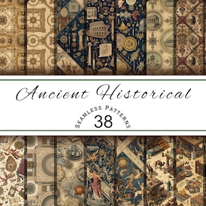 May include: A collection of 38 seamless patterns with an ancient historical theme. The patterns feature illustrations of historical artifacts, architecture, and maps in various colors, including brown, blue, and gold. The text "Ancient Historical" and "Seamless Patterns 38" is displayed.