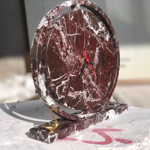 Handmade Red Marble Desk Clock, Rosso Levanto, Gold Swan Accent, Office Decor