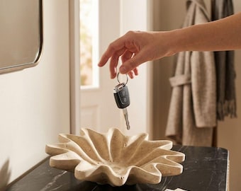 Bol de travertino tallado a mano con borde festoneado, bandeja organizadora de entrada con volantes, decoración Wabi Sabi.