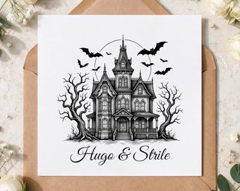 Biglietto di auguri personalizzato per coppie con tema casa stregata, nomi personalizzati, design gotico di Halloween, regalo romantico e spettrale per fidanzato/a o partner