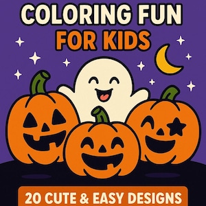 Può includere: Copertina di un libro da colorare a tema Halloween con la scritta "HALLOWEEN COLORING FUN FOR KIDS". L'immagine presenta zucche arancioni, un fantasma sorridente, stelle e una luna crescente su sfondo viola. Il libro è per bambini dai 4 ai 7 anni.