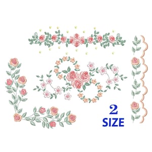 disegni per ricamo in pizzo floreale con rose - Motivo per ricamo a macchina con angoli a rosa - File di ricamo con bordo floreale-immediato