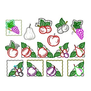 Paquete de diseño de bordado Fruit Applique Corner-Patrón de diseño de bordado de máquina de monograma de frutas-Archivo de bordado de Apple