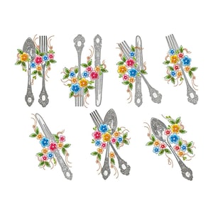 diseño de bordado de utensilios de cocina floral - Patrón de diseño de bordado de máquina de cuchara floral - Archivo de bordado de cuchillo