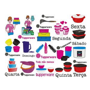 Puede incluir: Una ilustración con varios recipientes y utensilios de cocina Tupperware. La imagen incluye recipientes de diferentes formas y colores, con texto en portugués que indica los días de la semana. También se representa a una mujer sosteniendo Tupperware.
