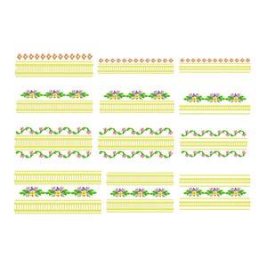 May include: A collection of embroidered border designs in yellow, featuring various floral and geometric patterns. The designs include repeating patterns of small flowers, leaves, and geometric shapes, all in a bright, cheerful color palette.