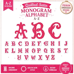 Könnte beinhalten: Ein pinkfarbenes, gestepptes Satin-Monogramm-Alphabet, A-Z, mit 26 Designs. Die Buchstaben sind in einer dekorativen Schriftart. Das Bild enthält den Text "Premium Embroidery Designs" und "Perfect for Monogram Projects!"