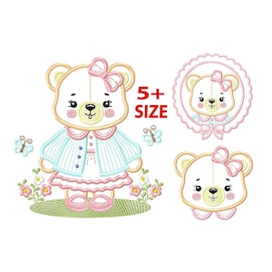 Chica oso de peluche apliques paquete de diseño de bordado - lindo bebé oso de peluche cara monograma bordado diseños máquina bordado patrón