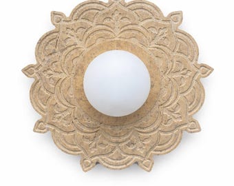 Mandala Travertine Wall Light – Warm Earth | Hand Carved Stone Wall Sconce