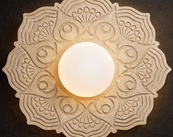 Mandala Travertine Wall Light – Ivory | Hand Carved Stone Wall Sconce