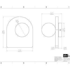 May include: Technical drawing of a wall light fixture, featuring a circular design with dimensions in millimeters and inches. The drawing includes front and side views, labeled with measurements and the "Mr Lumen" logo.
