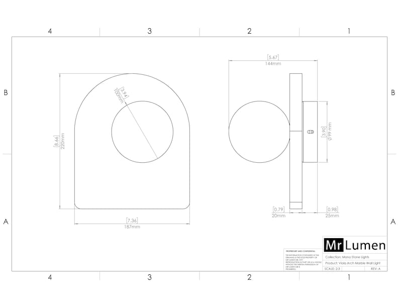 May include: Technical drawing of a wall light fixture, featuring a circular design with dimensions in millimeters and inches. The drawing includes front and side views, labeled with measurements and the "Mr Lumen" logo.