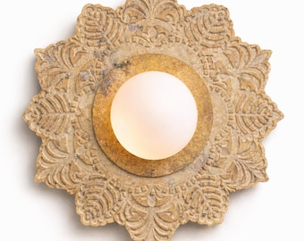 Mandala Travertine Wall Light – Antique Gold | Hand Carved Stone Wall Sconce