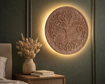 Tree of Life Travertine Wall Sconce | Round Stone LED Light