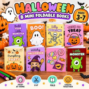 Puede incluir: Ocho mini libros plegables de Halloween para edades de 3 a 7 años, con portadas coloridas que muestran ilustraciones de monstruos, fantasmas, esqueletos, calabazas y dulces. El set incluye títulos como Build Your Little Monster, Boo, Silly Skeletons y Trick or Treat.