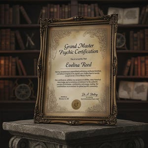 May include: A framed certificate with elaborate gold detailing, labelled "Grand Master Psychic Certification" and the name "Evelina Reed." The certificate is displayed on a stone plinth in a room with bookshelves and candles.